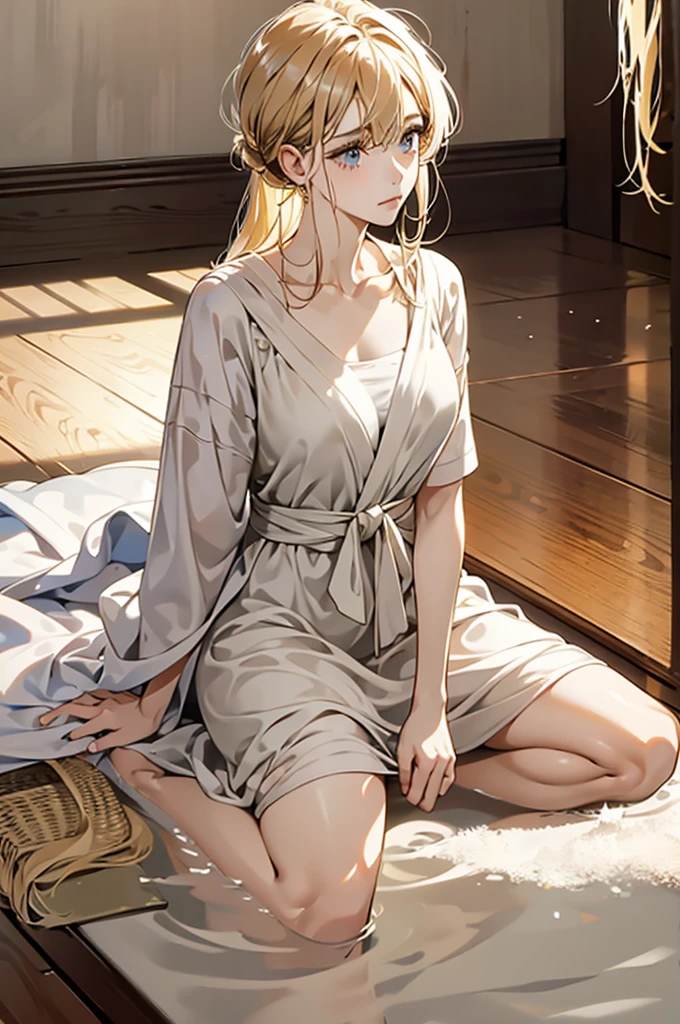 NFSW、42 year old married woman after taking a bath、the whole body is wet、Her straight golden hair is tied up.、The nape of the neck is exposed、sitting with legs apart、sitting on the floor with one knee up、Turn your head away and look at the floor、Relieved and calm expression、She wears a revealing robe with the front part exposed.、immoral background、dimly lit room、