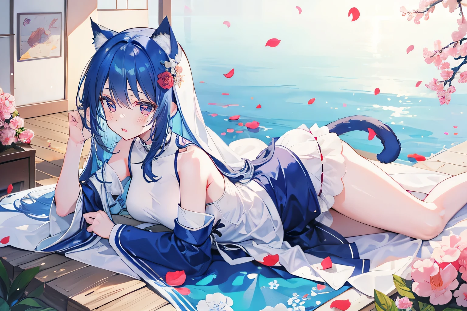 (masterpiece:1.2),Super detailed,lifelike,Expressive eyes,fair skin,perfect face shape,1 girl,
Japanese comics,Gorgeous blue hair,flowing blue hair,flowing clothes,Cat ears,Petals fall,beautiful lola,Baby Angel,
Shaking head with one hand,Cross your legs,,The pavilion is cool and comfortable,smile,back views,sunrise,Petals fall, winter,lie on the water,Nun's Clothes,stately church。