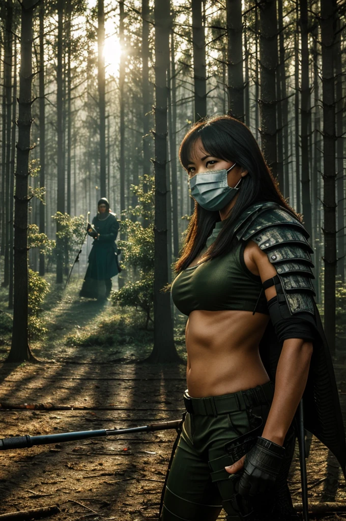 City hunter,Alone,female,Predator \(Movie\), face mask,armor,fishing net,(detailed background,forest:1.5),evening, standing,crossed arms,
