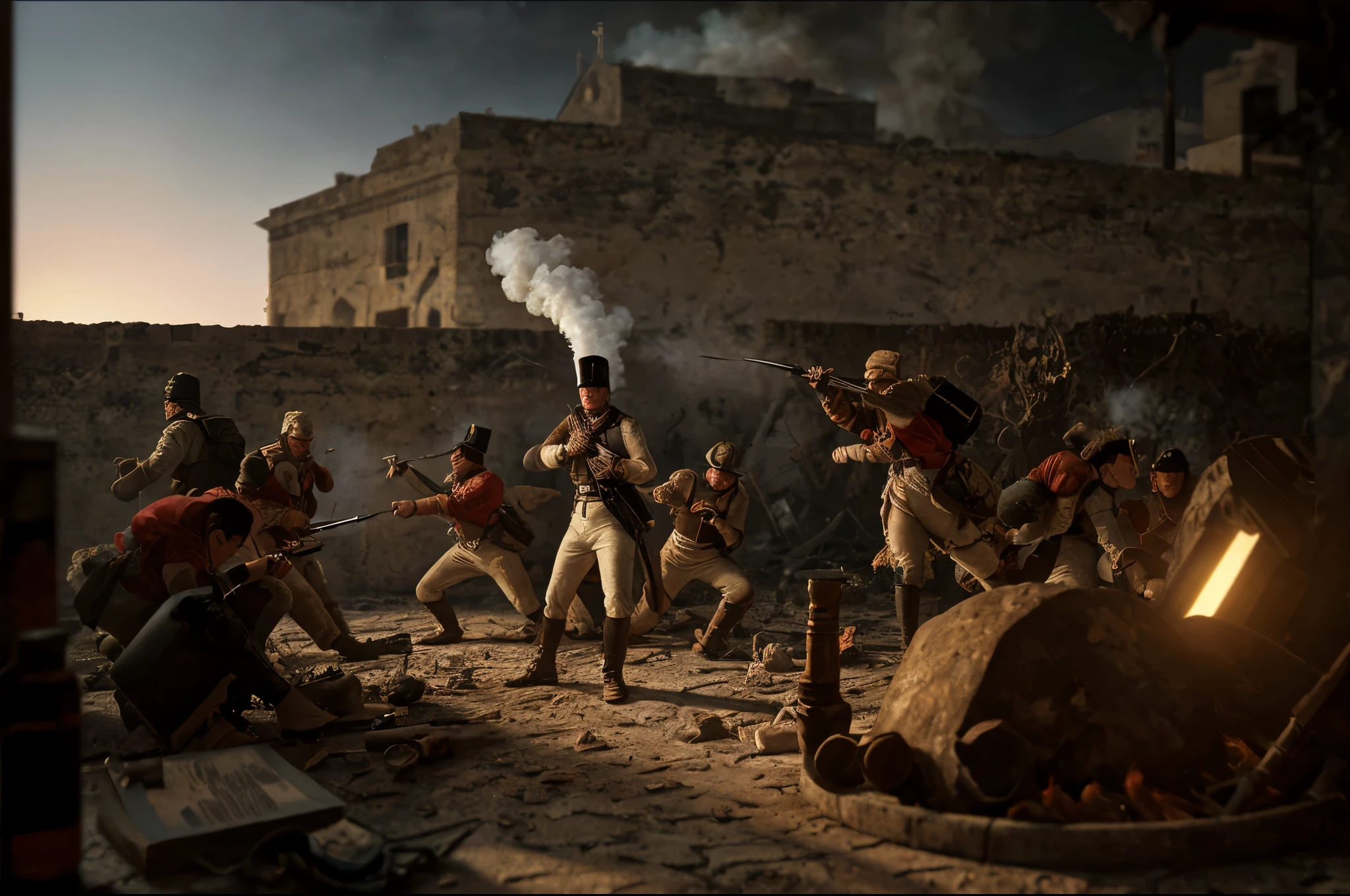 battle, siege, redcoats, in the sassi_di_matera, [The characters (FULL BODIES) are surrounded by mist, evoking a mysterious and eerie atmosphere. The lighting is dark and atmospheric, with a red smoke adding a touch of sinister ambiance. The image is of the best quality, with a resolution of 4k and HDR enhancement, showcasing the utmost level of detail and realism, sfw, full body shot:1.5]. [8K, Best Quality, Masterpiece, Ultra High Resolution, (highly detailed CG unity 8k wallpaper), (best photo), (best shadows), isometric 3D, octane rendering, ray tracing, highly detailed, (Best quality, 4K, 8k, A high resolution, masterpiece:1.2), absurdity, ultra detailed, (realistic, photorealistic, photorealistic:1.37), complex parts, HDR, (complex parts:1.12), (hyper detailed, hyper realistic, Soft lighting, spicy:1.2), (complex parts, Hyper detailed:1.15). Blurred foreground. (backlit), realistic, masterpiece, high quality, brightness, chromatic aberration, 8k uhd, some smoke, shadows, contrast, clear sky, (warm hue, warm tone), high details, natural reflections]. 