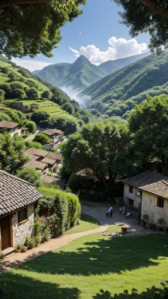 Description: A serene village nestled in a valley, surrounded by lush green hills. In the foreground, villagers of all ages gather at a bustling marketplace, exchanging goods and laughter under the shade of a towering oak tree. Smoke rises gently from chimneys, hinting at the warmth of hearths within cozy homes scattered throughout the village. Birds circle overhead in a clear blue sky, adding to the tranquil scene.