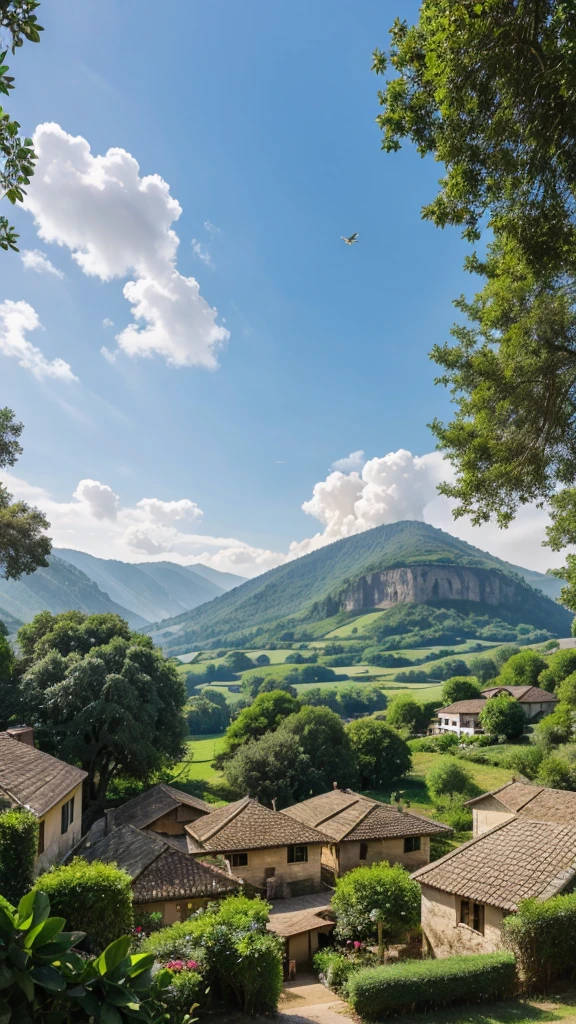 Description: A serene village nestled in a valley, surrounded by lush green hills. In the foreground, villagers of all ages gather at a bustling marketplace, exchanging goods and laughter under the shade of a towering oak tree. Smoke rises gently from chimneys, hinting at the warmth of hearths within cozy homes scattered throughout the village. Birds circle overhead in a clear blue sky, adding to the tranquil scene.