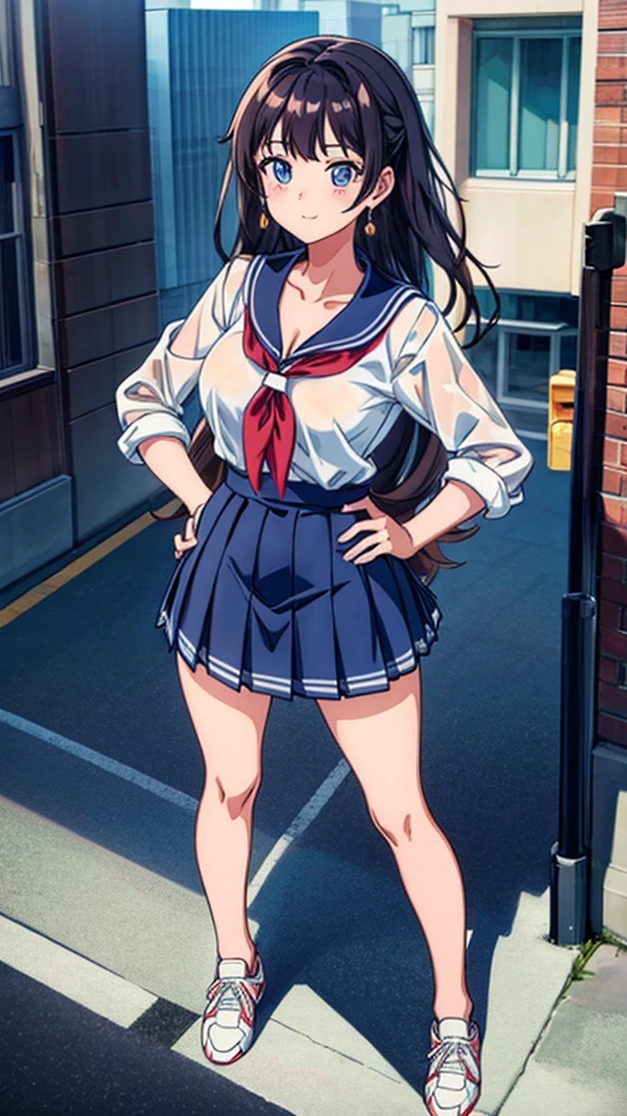 Knot Unreal Engine Anime Style Delicate painting 4K 90's giant Multiple Girls crowd School building City School buildingの谷間に立っている巨大な女子高生 school uniform Sailor suit skirt Black Hair Hands on hips smile female giant giant girl Whole body Destroyed skyscrapers Destroyed cars Crowd Unreal Engine,cleavage ,a drawing of a , earrings, long hair, 1980s (style) Cute picture Beauty Analog style whole body sneakers