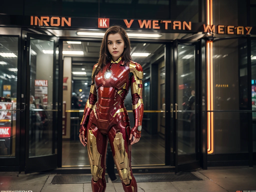 Ukranian woman in a suit of iron man standing in front of a building, iron man, like ironman, cyberpunk iron man, ironman, hq 4k wallpaper, emma watson as iron man, cinematic body shot, cinematic full body shot, hero pose colorful city lighting, marvel style, covered in full metal armor, hq 4k phone wallpaper