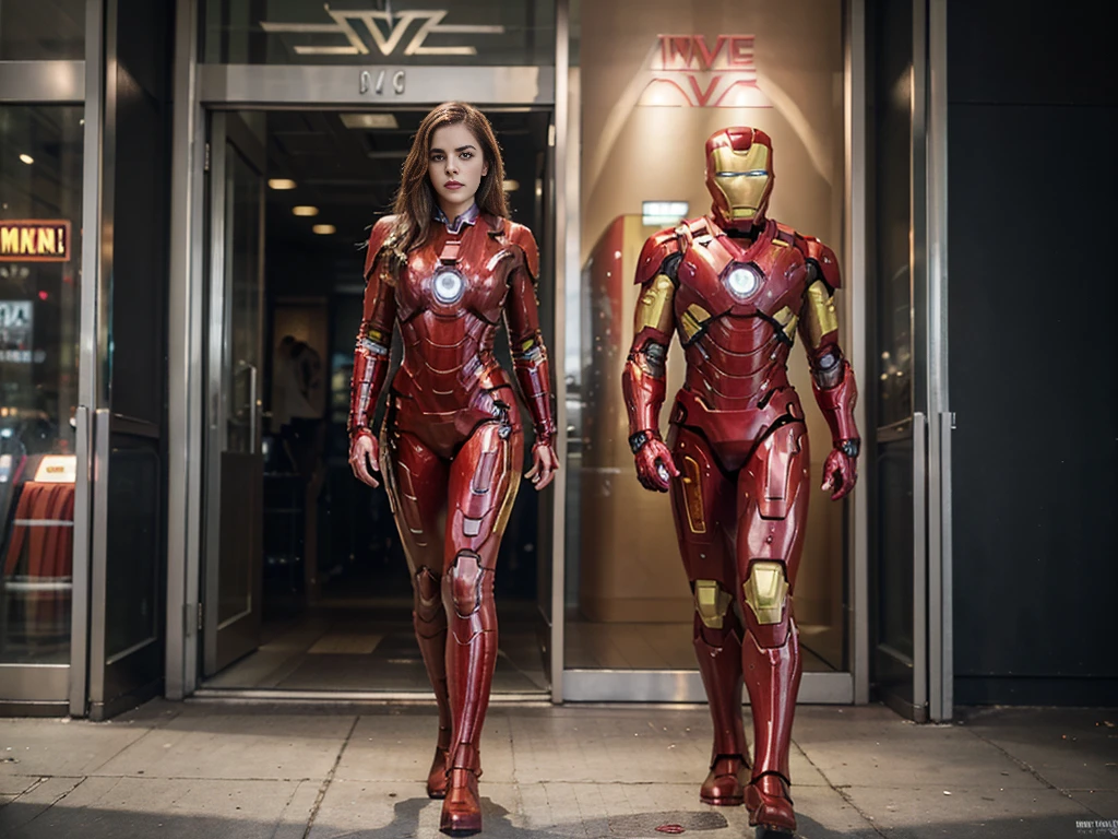 Ukranian woman in a suit of iron man standing in front of a building, iron man, like ironman, cyberpunk iron man, ironman, hq 4k wallpaper, emma watson as iron man, cinematic body shot, cinematic full body shot, hero pose colorful city lighting, marvel style, covered in full metal armor, hq 4k phone wallpaper