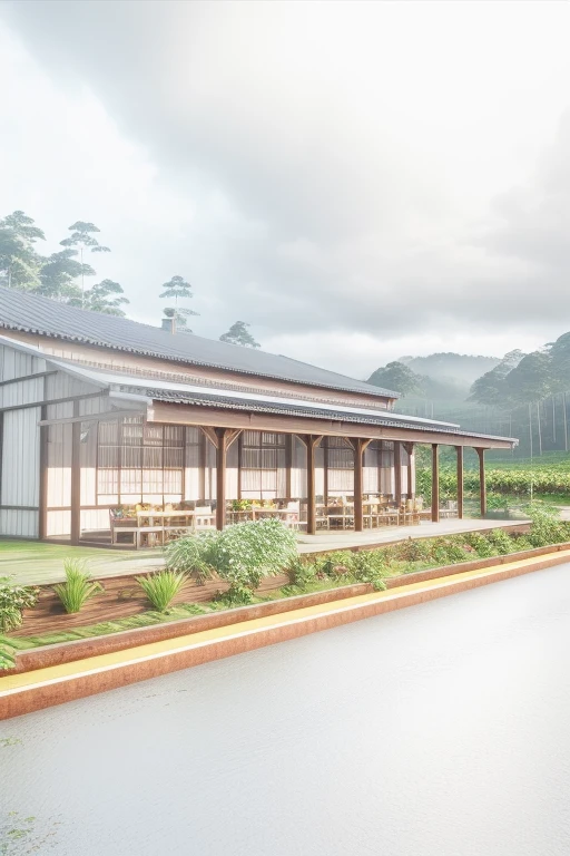 3d realistic vray render of a restaurant middle of tea plantation, rainy day, blue sky, clouds, greenery, trees, photo, 8k