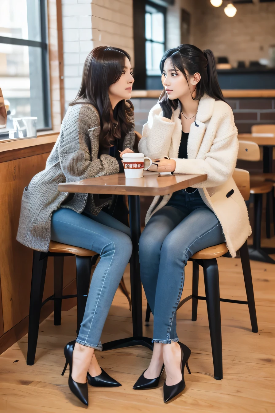 high quality,16K:1.1),(, Two women sitting on chairs in a coffee shop）sit facing each other across a desk、We are chatting、Full Body Shot:1.2),Black Hair、ear piercing、smile、Beautiful teeth alignment、((coat、sweater、Skinny jeans、、pumps)), ,(View your audience:1.3),Coffee shop in the background
