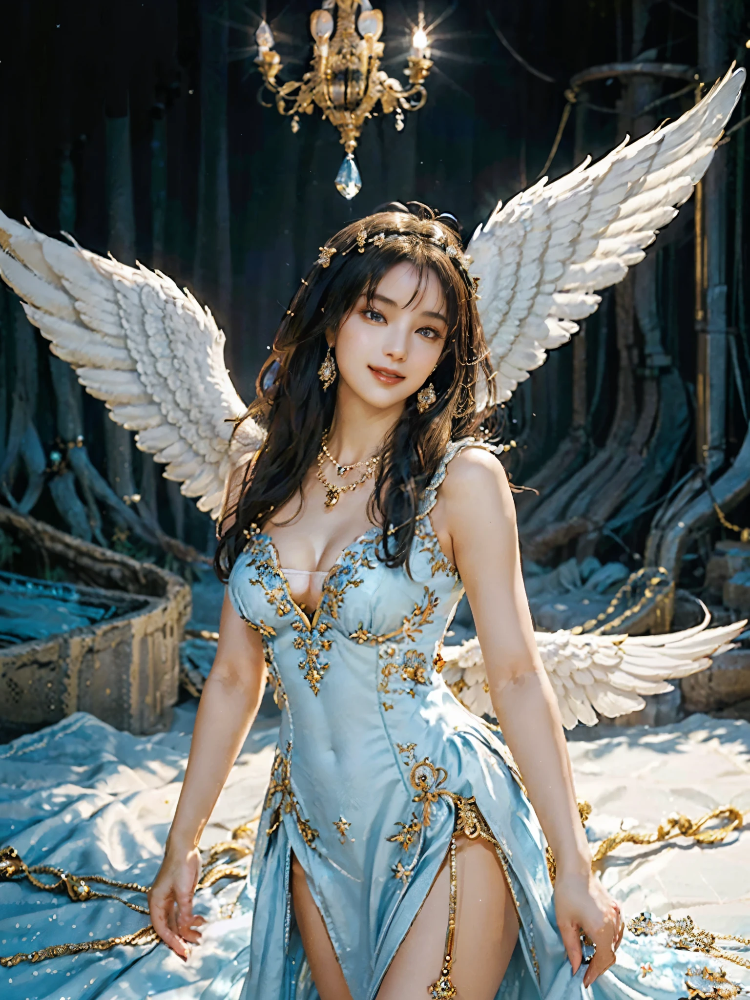((Very beautiful angel queen,The final form as a perfect angel, the masterpiece of an angel,Huge and intricate angel wings,The most dignified wings,Golden light,shining background,The most opulent and holy temple background,White and gold temple background,King of Angels, The most dignified angel, ((extremely detailed beautiful dresses)), (Intricate and solemn dresses, Light blue and gold embellishment dress on white, Light blue and gold dress on white base), (The most intricate and beautiful dresses, dresses decorated with some expensive jewels), ((extremely detailed gorgeous jeweled necklace)), Complex and majestic angel figure, The most intricately depicted figure of an angel, The World's Most Beautiful, Unimaginable beauties, (slim figure, attractive body shape, divine atmosphere), (smooth thin hair very fluttering in the wind, shiny hair), Intricate reproduction of the perfect angelic detail, The figure of an unimaginably gorgeous angel, The figure of an unimaginably huge angel)),((Most beautiful face, Half Japan and half Spanish, The biggest happy smile, The most luxurious and intricate dresses, The biggest smile looking at the camera)), Beautiful firm cleavage, beautiful clavicle, (Beautiful firm medium breasts), (Elegant standing figure, Fold your hands in front of your navel,)),Chest that seems to burst, Giant wings of angels, The background is the appearance of a perfect angel castle,Masterpiece,8K,very intricate, ultra detailliart, captivating and visually stunning piece of fractal art featuring, created by a renowned artist, vibrant colors. Formal artistic quality with strong aesthetic appeal.
