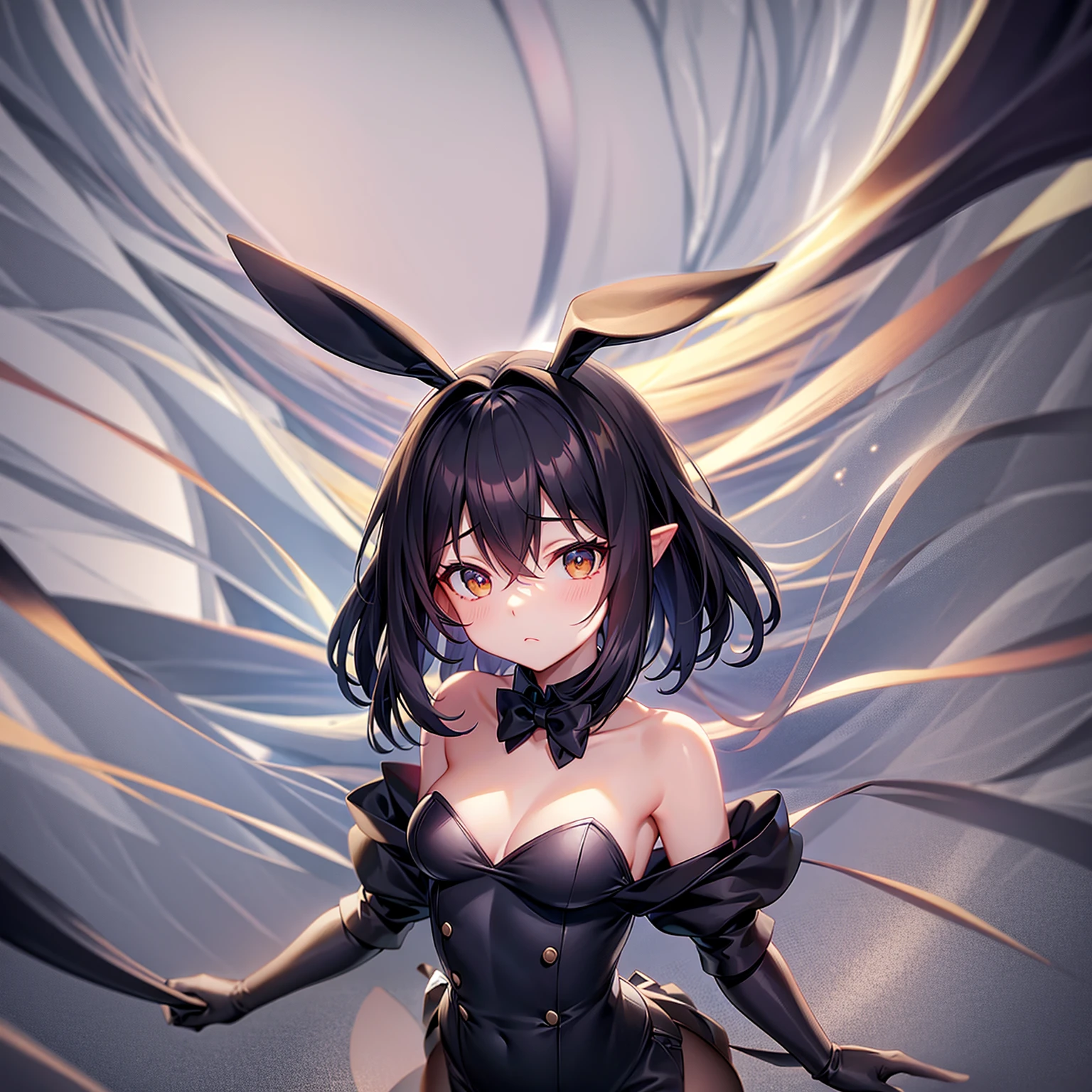 ((Bunny girl)),((Dropped ears)),Cute little ,Tiny ,Small girl,,Childish face, Very fine clean face,Top quality,Black Hair,(Dark Room), Subtle light, Natural light,Soft lighting,Light from directly behind, (Are standing),With bust up,Front view,Black background