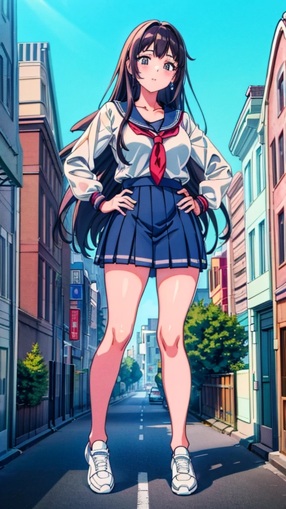 Knot Unreal Engine Anime Style Delicate painting 4K 90's giant Multiple Girls crowd School building City School buildingの谷間に立っている巨大な女子高生 school uniform Sailor suit skirt Black Hair Hands on hips smile female giant giant girl Whole body Destroyed skyscrapers Destroyed cars Crowd Unreal Engine,cleavage ,a drawing of a , earrings, long hair, 1980s (style) Cute picture Beauty Analog style whole body sneakers