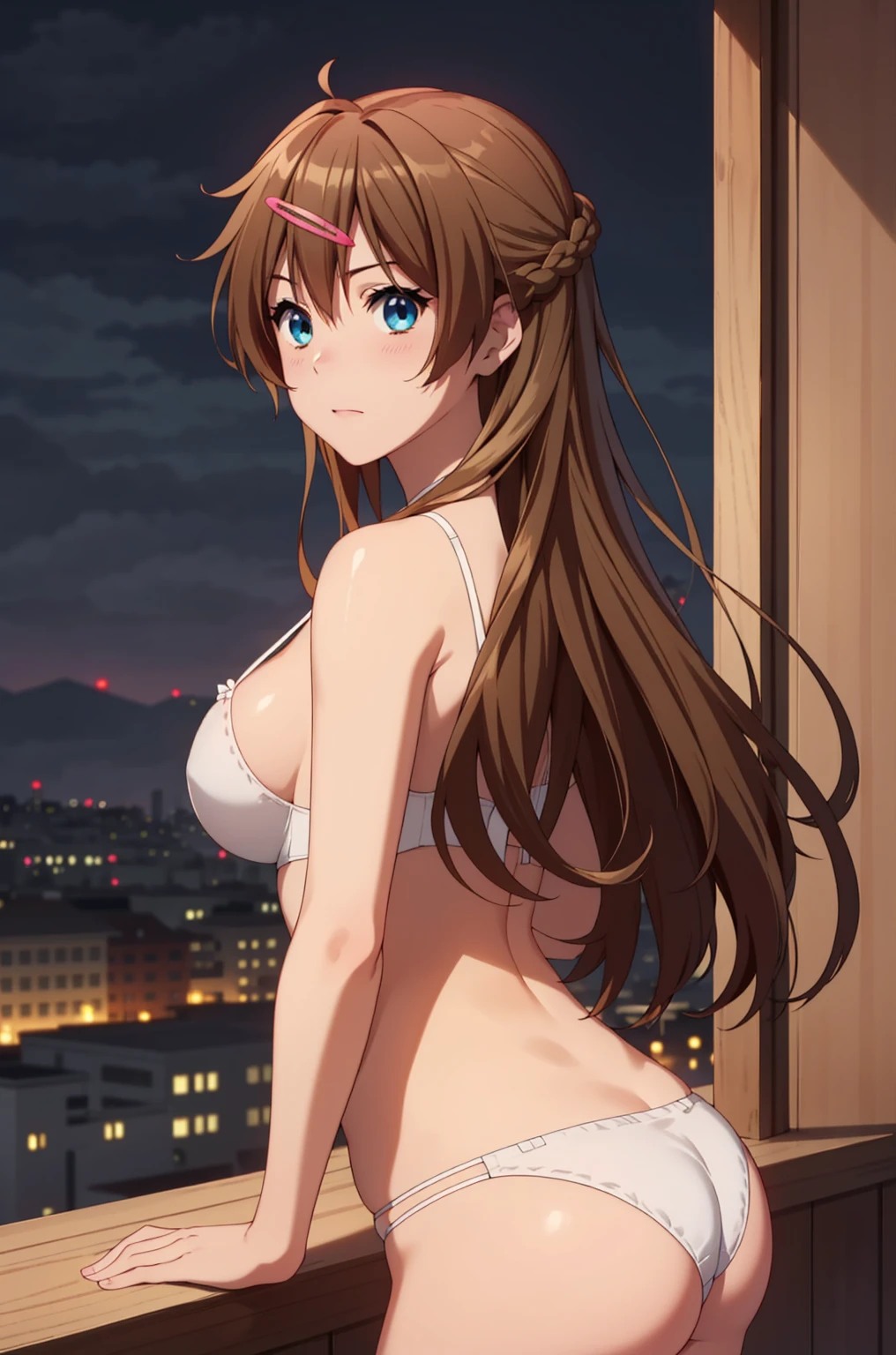 masutepiece,Best Quality,High resolution,Fine details,独奏,Adult Woman,blush,Curve,((Delicate white underwear)),(On a luxury hotel bed),sexy hips、Long Wave Hair、dark brown hair、Stretch the hem of the buttocks with a slouch、Mid-chest、blue eyeasterpiece、Highest quality, High resolution, uhd, Pixel perfect, Depth of written boundary, 4K, RTX, HDR)), 1 Girl, single, alone, 24-years-old, Beautiful Anime Girls, Beautiful art style, anime character, ((Parted bangs, Brown Hair)), (blue eyes、Round eyes, Beautiful eyelashes, Realistic eyes), (Detailed face:1.2), (Smooth texture:0.75, Realistic texture:0.65, Realistic:1.2, Cinematic, Anime CG Style), Perfect body, Best Bust、Bust 85、Perfect Body、nsfw:1.8,Visible from the thighs、Night Background、Beautiful white panties、Bamboo、wind chimes、Put your hands on the window、milky way、Seen from behind、Bra shoulder straps