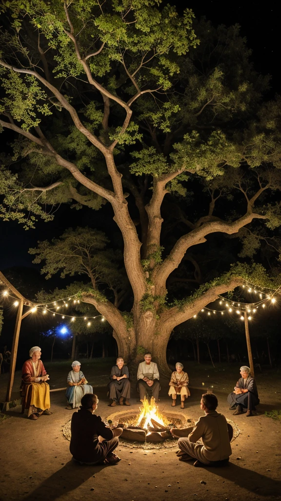 Description: An ancient oak tree with gnarled branches and a thick trunk, its roots spreading wide across a village square. Villagers of diverse ages and attire sit in a semi-circle around the tree, their faces illuminated by the warmth of a crackling bonfire. Some are sharing stories animatedly, others listening intently with smiles or thoughtful expressions. Soft lantern light casts gentle shadows on the ground, enhancing the sense of community and shared history.