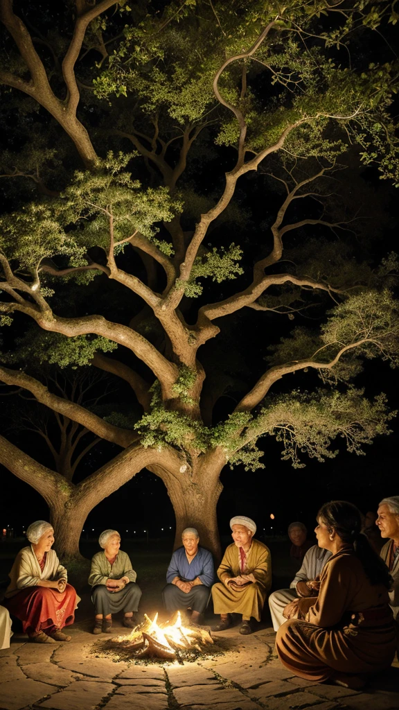 Description: An ancient oak tree with gnarled branches and a thick trunk, its roots spreading wide across a village square. Villagers of diverse ages and attire sit in a semi-circle around the tree, their faces illuminated by the warmth of a crackling bonfire. Some are sharing stories animatedly, others listening intently with smiles or thoughtful expressions. Soft lantern light casts gentle shadows on the ground, enhancing the sense of community and shared history.