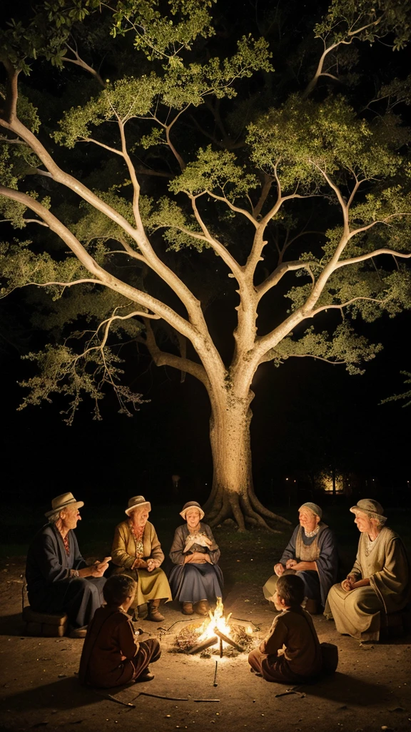 Description: An ancient oak tree with gnarled branches and a thick trunk, its roots spreading wide across a village square. Villagers of diverse ages and attire sit in a semi-circle around the tree, their faces illuminated by the warmth of a crackling bonfire. Some are sharing stories animatedly, others listening intently with smiles or thoughtful expressions. Soft lantern light casts gentle shadows on the ground, enhancing the sense of community and shared history.