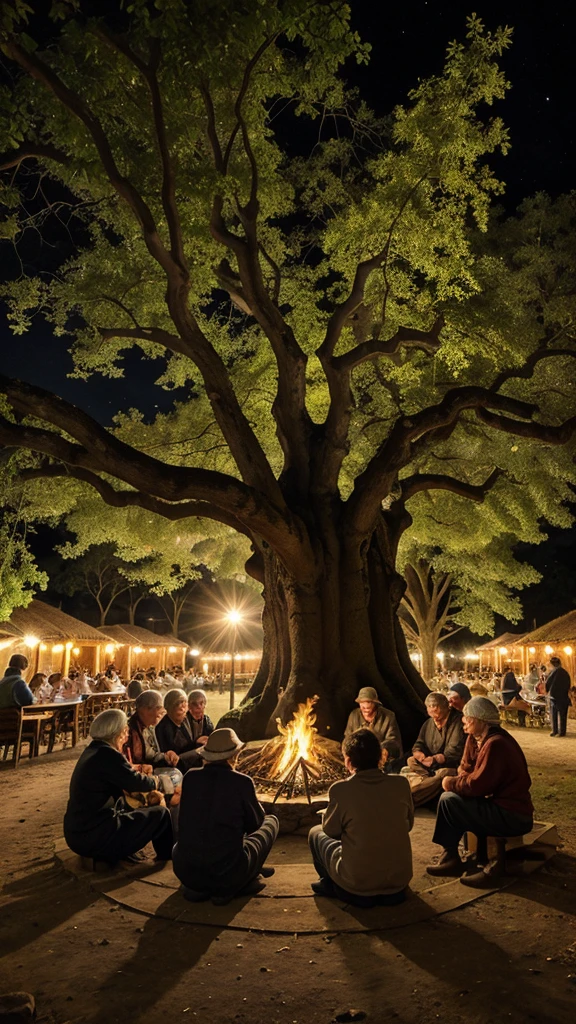 Description: An ancient oak tree with gnarled branches and a thick trunk, its roots spreading wide across a village square. Villagers of diverse ages and attire sit in a semi-circle around the tree, their faces illuminated by the warmth of a crackling bonfire. Some are sharing stories animatedly, others listening intently with smiles or thoughtful expressions. Soft lantern light casts gentle shadows on the ground, enhancing the sense of community and shared history.