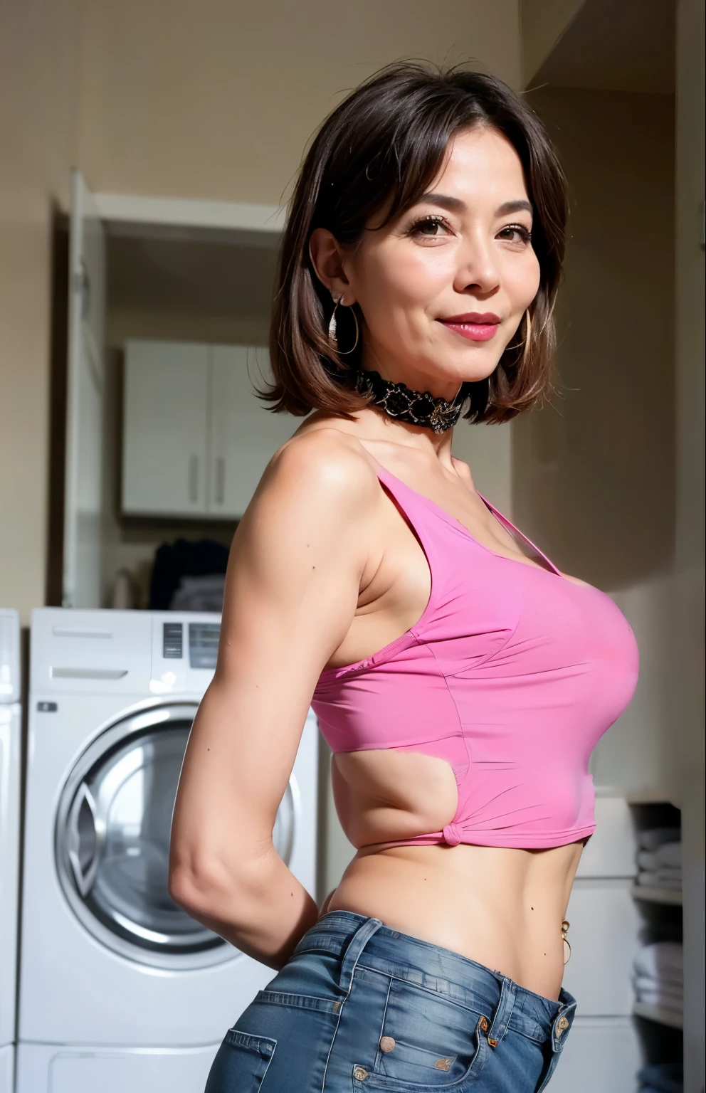  Sexy pose　75 years old　mom　milf　Korean, Lady　large earring　Big choker　navel piercing decoration　A bracelet　Silver Hair　realisitic　Gorgeous Madame Beautiful Mature Woman　sexly　Smile　Gentle woman navel piercing　４K　High quality laundry room　Laundry　Hanger　Lingerie hanging out to dry　Gorgeous Madame Beautiful Mature Woman