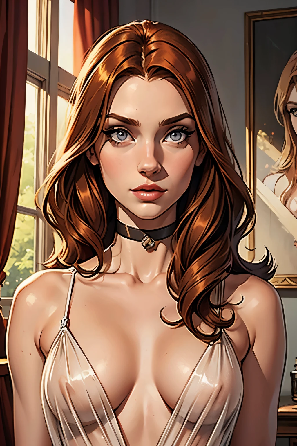 best qualityer, work of art, (realisitic: 1.2), 1 girl, slender girl, ginger hair, eyes browns, 3/4 view, face detailed, gorgeous eyes, eyes gray, eyes large, breasts small, choker, see through gown