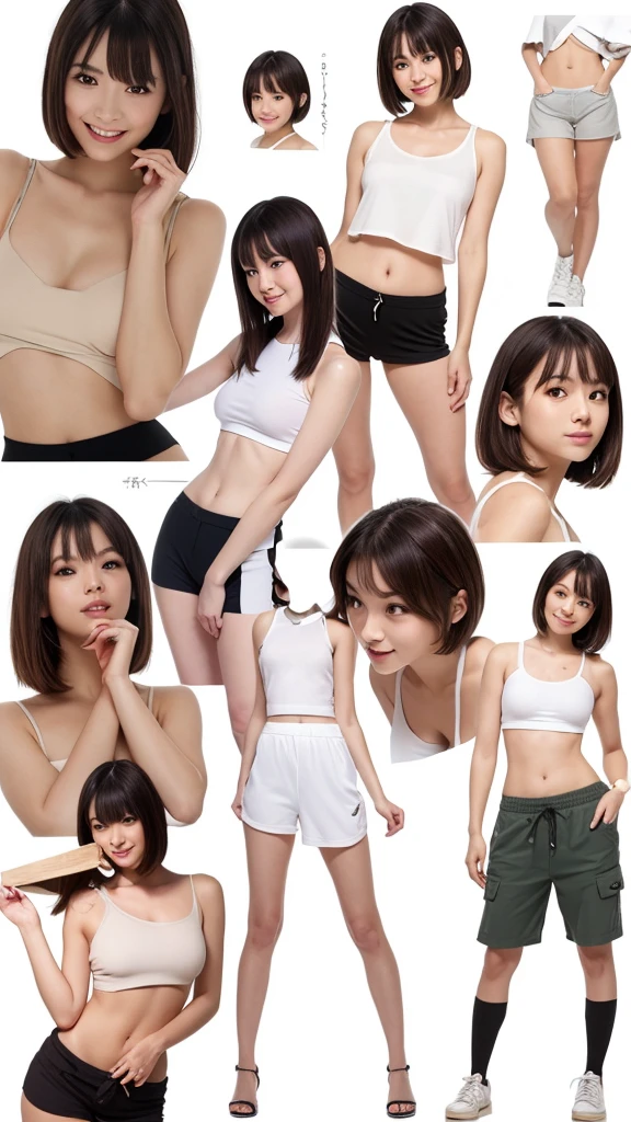(((masterpiece, best quality, ultra highres, 1 girl, solo, no background))), super detailed skin and face and eyes and finger, beautiful japanese woman, small breasts:1.5, skinny, light brown hair, white background, very short pixie hair, Knee shot, Generate with illustrations, Various expressions, Various poses, Please draw the entire character within the frame, ensuring that the head, arms, and legs are not cut off. The background should be simple, with the character positioned centrally, outline, anime, 2d, laugh, boyish, camisole, dolphin shorts,