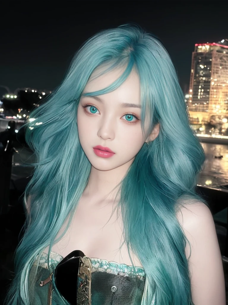 8K high quality，1 woman，Turquoise green hair：1.5