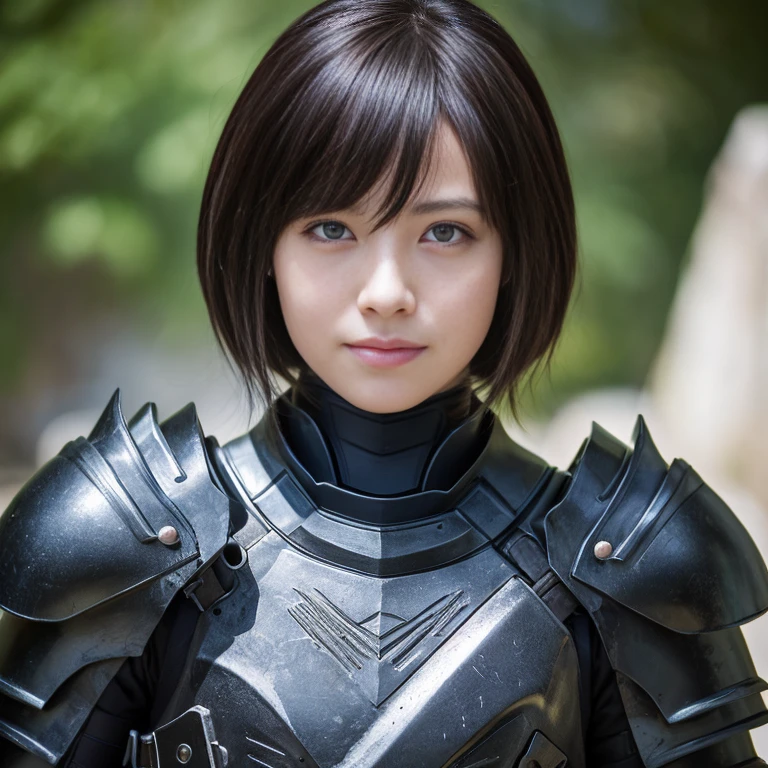 Mikasa, 19 year young girl , Best quality, High resolution, Short bob hair, Beautiful, Black eyes, see viewer,wears half-paladin armour , Highest quality, high resolution,