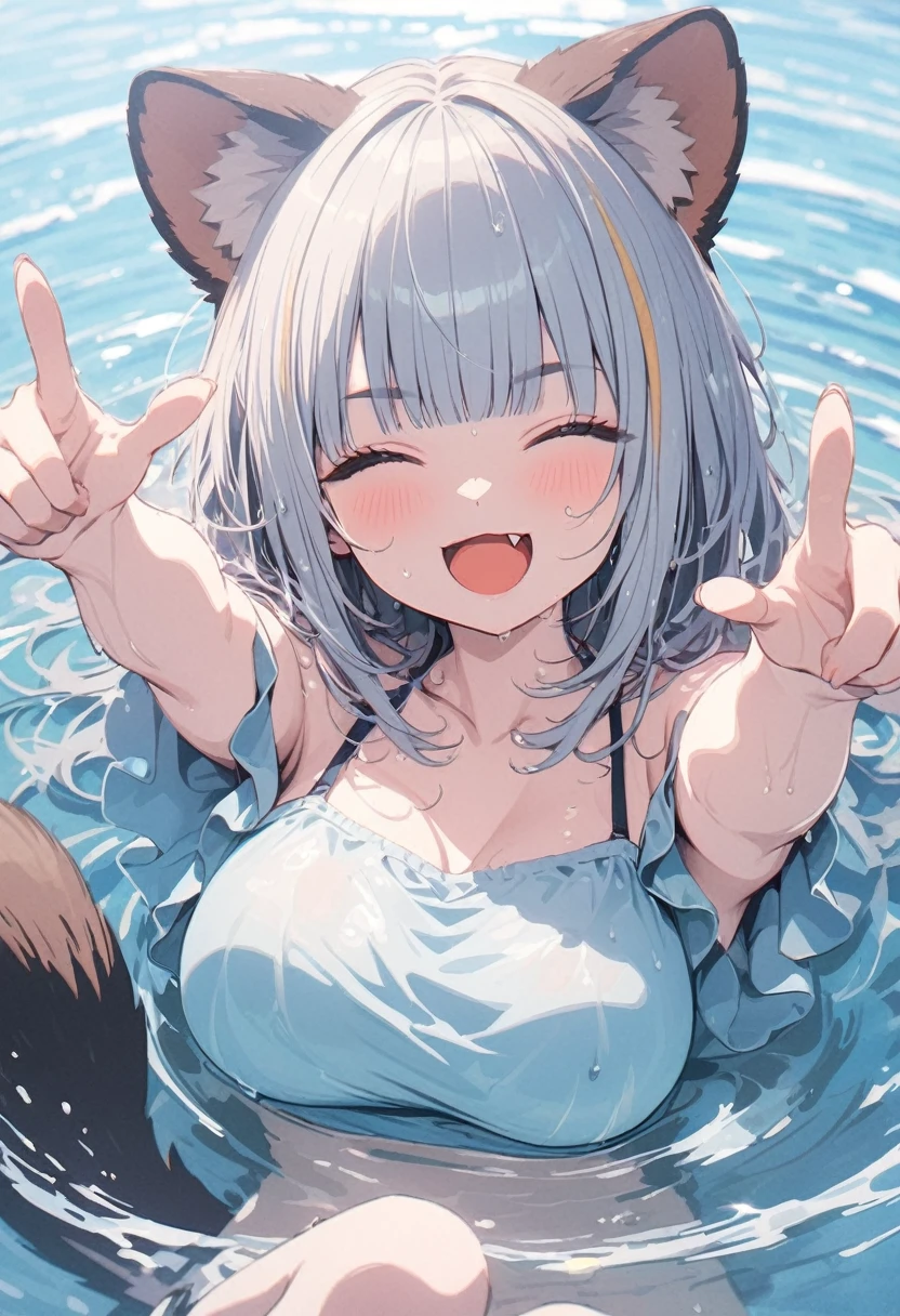 (best quarity,ultra detailed,ultra-high-resolution, absolutely resolution,8k, masterpiece),anime,(pale colors:1.8),long shot, 1girl, solo, cat mouth, hands up, (shoulder-deep in water:1.3), smile, closed eyes, opened mouth, fang, pointing ups, blue hair, bobcut, straight hair, racoon ears, racoon tail, (brown streaked hair:1.3), (blunt bangs) ,wet hair, wet skin, thick eyebrows, big breast, off shoulder bikini,  water splash background, summer, fullbody,