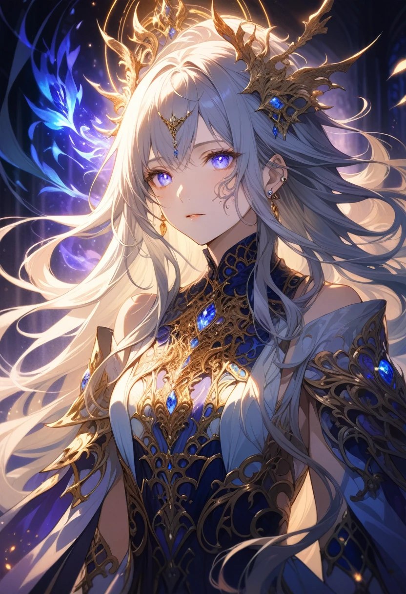 detailed portrait of a beautiful anime-style female mage, long flowing hair, piercing eyes, detailed facial features, sensual expression, ornate magical outfit, lavish jewelry, floating magical energy effects, intricate fantasy background, cinematic lighting and color palette, dramatic lighting, highly detailed, digital art, concept art, masterpiece
