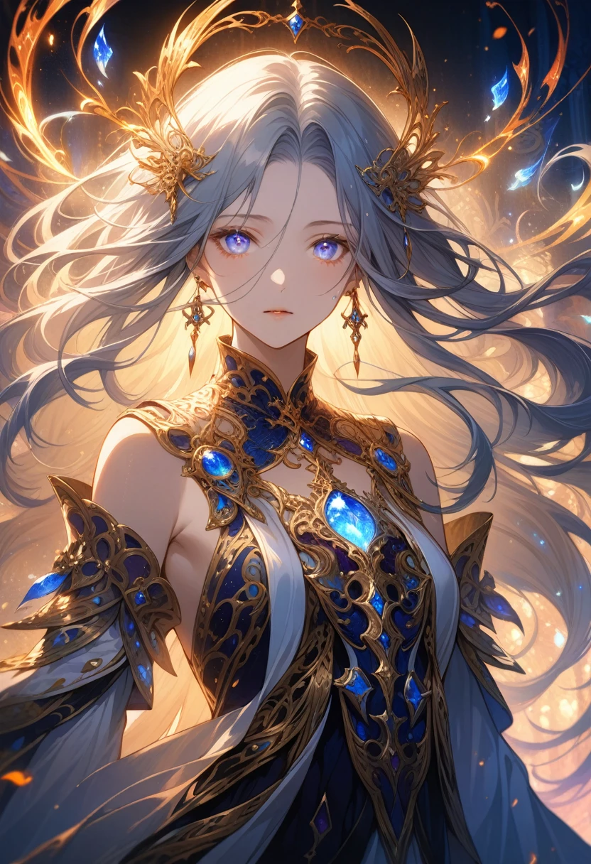 detailed portrait of a beautiful anime-style female mage, long flowing hair, piercing eyes, detailed facial features, sensual expression, ornate magical outfit, lavish jewelry, floating magical energy effects, intricate fantasy background, cinematic lighting and color palette, dramatic lighting, highly detailed, digital art, concept art, masterpiece