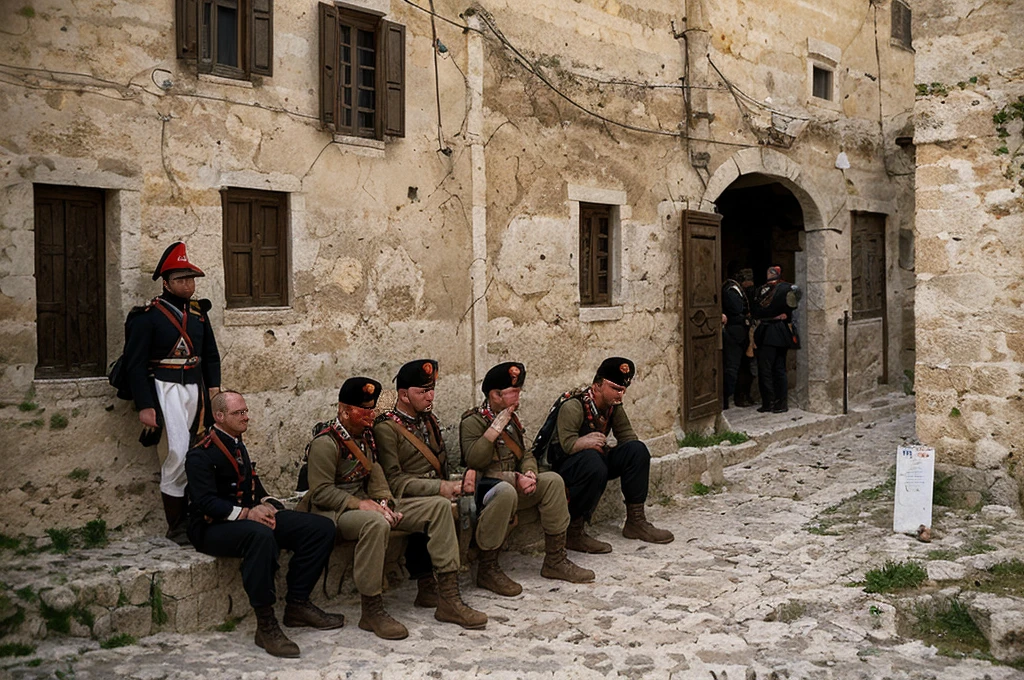 Epic battle in sassi_di_matera, soldiers in the streets of Matera. High details.