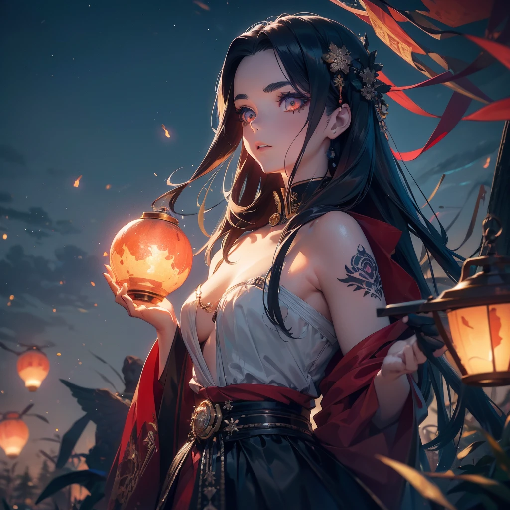 1 beautiful ancient dark angel, tattoo,  hd, 8k, unreal engine, close face, kimetsu no Yaiba, Amidst the twilight sky, fireflies dance in a mesmerizing spectacle, casting a magical spell on the world., trending on artstation, sharp focus, studio photo, intricate details, highly detailed, red moon, meteor, 8k hd unreal engine, dreamy, frosty, flying lanterns 