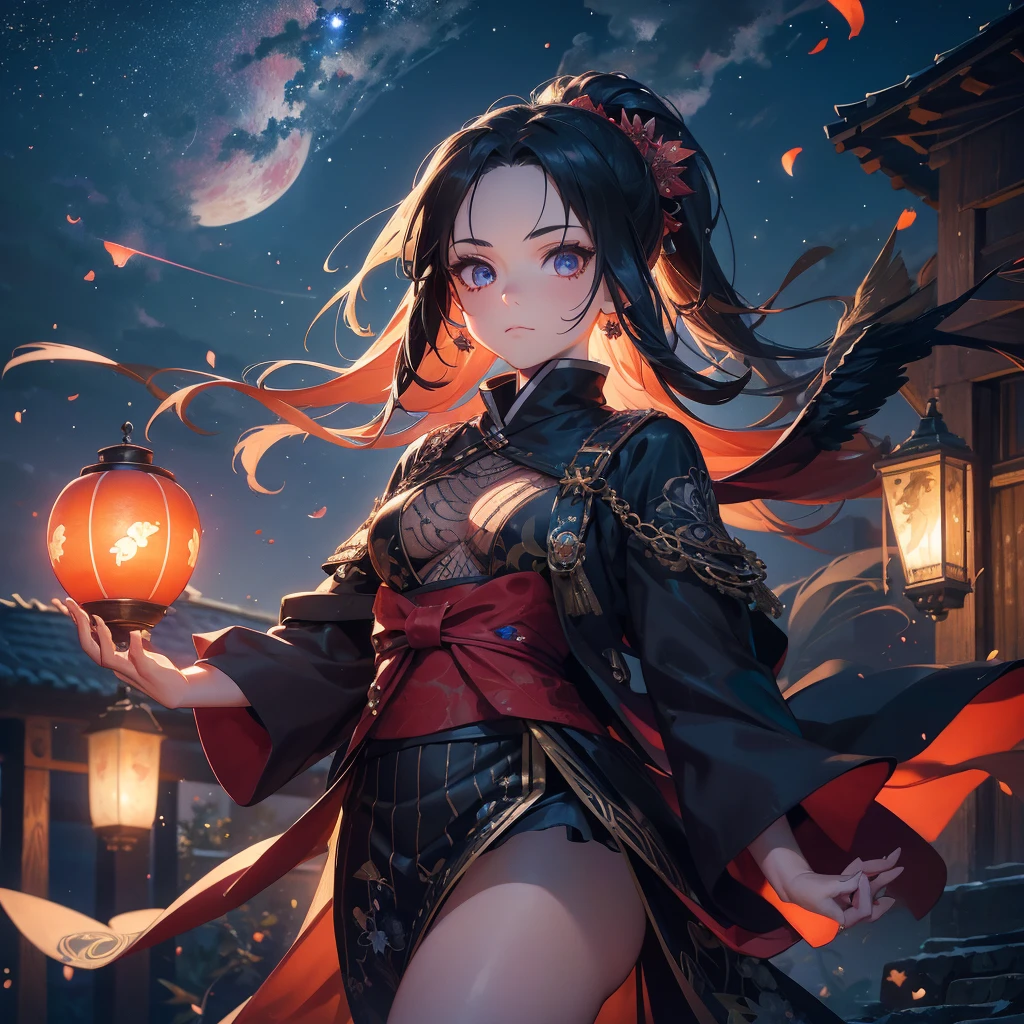 1 beautiful ancient dark angel, tattoo,  hd, 8k, unreal engine, close face, kimetsu no Yaiba, Amidst the twilight sky, fireflies dance in a mesmerizing spectacle, casting a magical spell on the world., trending on artstation, sharp focus, studio photo, intricate details, highly detailed, red moon, meteor, 8k hd unreal engine, dreamy, frosty, flying lanterns 