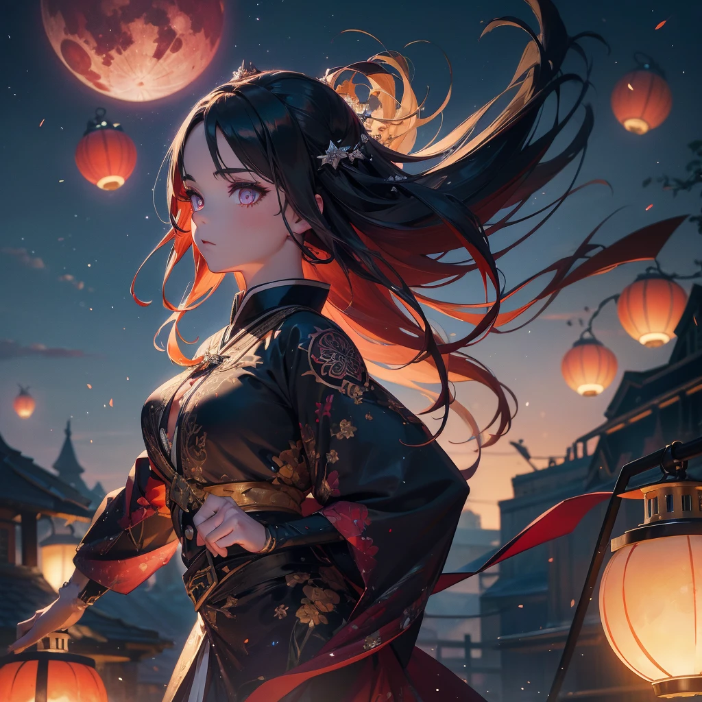 1 beautiful ancient dark angel, tattoo,  hd, 8k, unreal engine, close face, kimetsu no Yaiba, Amidst the twilight sky, fireflies dance in a mesmerizing spectacle, casting a magical spell on the world., trending on artstation, sharp focus, studio photo, intricate details, highly detailed, red moon, meteor, 8k hd unreal engine, dreamy, frosty, flying lanterns 