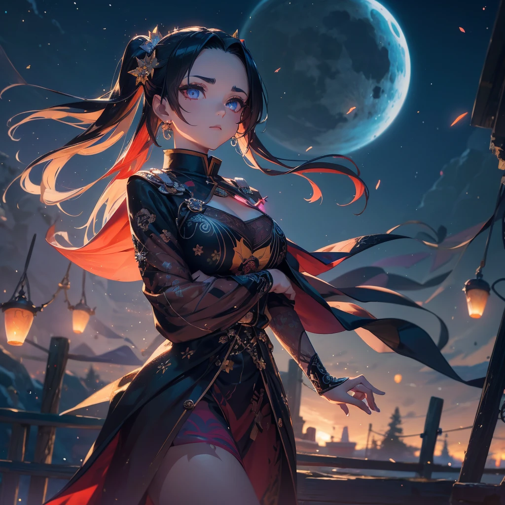 1 beautiful ancient dark angel, tattoo,  hd, 8k, unreal engine, close face, kimetsu no Yaiba, Amidst the twilight sky, fireflies dance in a mesmerizing spectacle, casting a magical spell on the world., trending on artstation, sharp focus, studio photo, intricate details, highly detailed, red moon, meteor, 8k hd unreal engine, dreamy, frosty, flying lanterns 