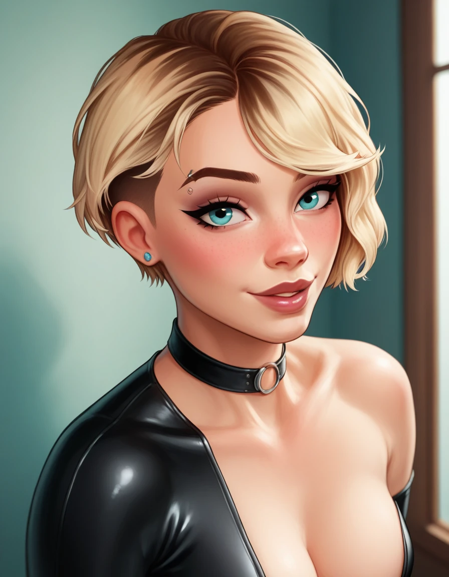 comic storyboard, (short hair Gwen Stacy:1.2), exuding elegance and confidence in (leather bodysuit and choker:1.1). Her flawless complexion and radiant smile captivate the viewer, embodying grace and style. The photo is set in her bedroom where she is (performing sexy poses:1.3). The composition is a high angle shot, showcasing the woman's fashionable ensemble and poised demeanor. Soft, natural lighting highlights her features with a subtle glow.