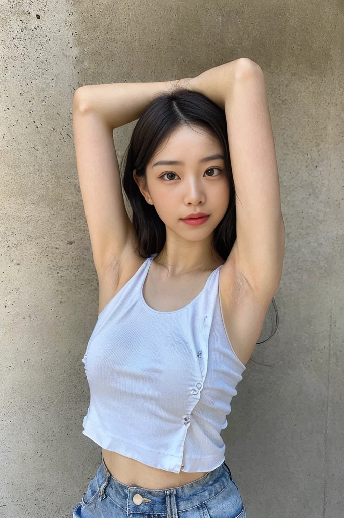 RAW image, 16K, color, image, (Only one girl), Beautiful Face, Highly detailed face, Very fine grain, Very high quality neck, Beautiful Hair, Very fine hair, High quality hair, Highly detailed skin, Highly detailed skin, Very high quality legs, Very beautiful legs, (Highly detailed armpits), Very high quality underarm, ((Side ??????)), ((The ultimate in high quality underarm: 1.3)), Armpit depression, ((((Dimpled Armpits)))), ((((Deeply wrinkled armpits)))), ((color素沈着した脇の下))))), {{{Heavily color素沈着した脇の下}}}, ((Deeply wrinkled armpits)), color素沈着した脇の下, (Shorts),