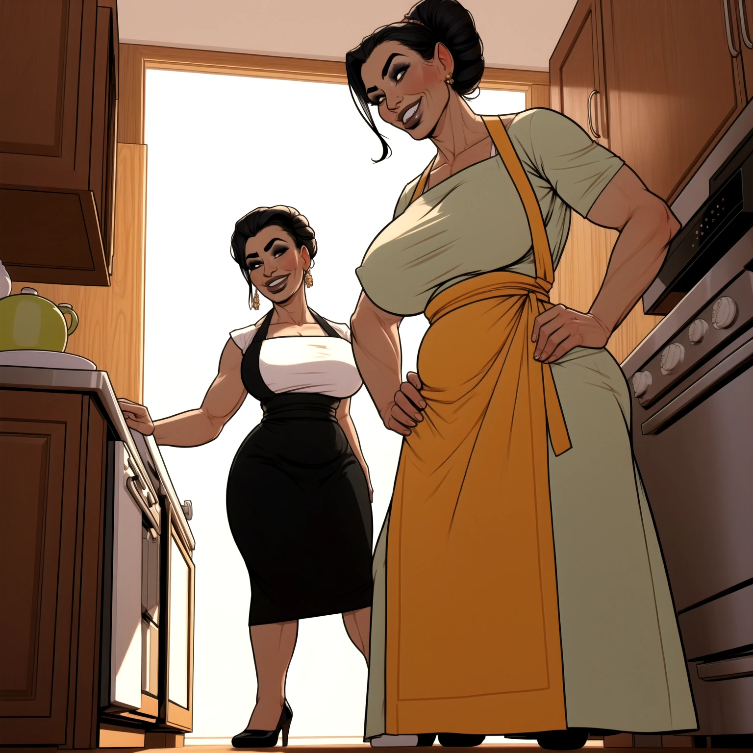 mature woman, retro, wearing dress and apron, standing in kitchen, modern kitchen, (huge breasts:1.1), muscular, black hair, updo, makeup, looking down at viewer, hands on hips, (from below:1.3), (extremely low angle:1.2), smiling, incase