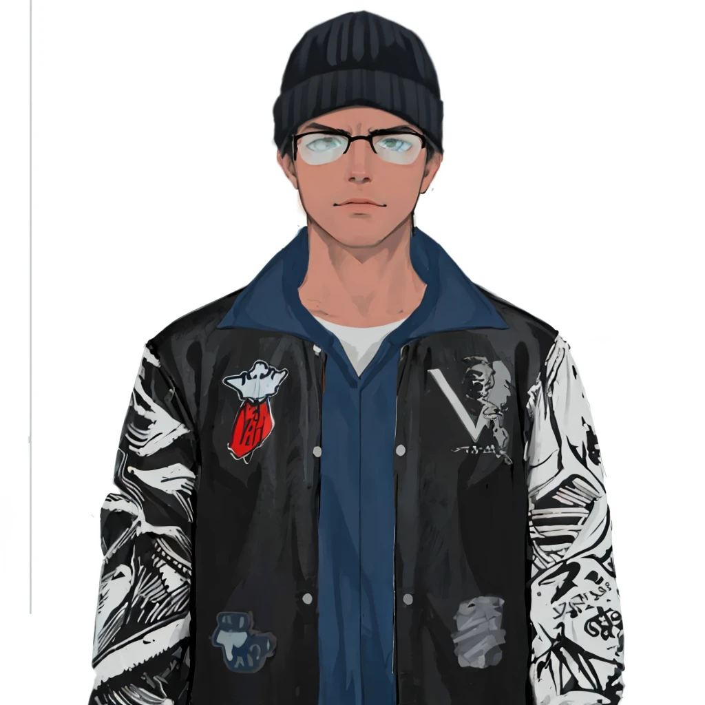 (masterpiece:1.2, best quality), (1men, solo, upper body:1.2),flat face,Hair: buzz cut,Clothing: oversized, distressed denim jacket with patches and pins, paired with black skinny jeans and combat boots, Hanging out in an underground music venue or street art exhibit