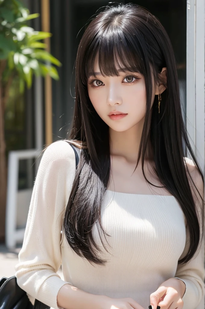 A woman with golden eyes and long black hair with bangs.