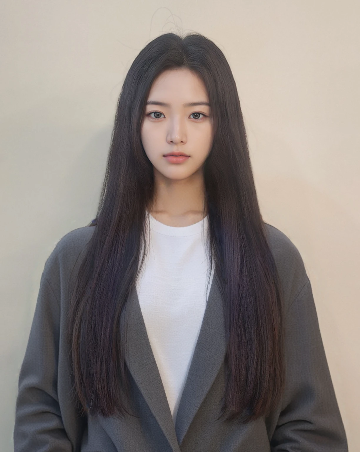 Best Quality, 8k, Masterpiece, (Portrait: 1.3), (photo realistic:1.4), (hyper realistic:1.4), Sharp Focus, looking at viewer, (smoother lighting:1.1), (increase cinematic lighting quality:0.9), realistic lighting, backlighting, light on face, ray trace, (brightening light:1.2), (Increase quality:1.4), sharp detail, (best quality real texture skin:1.4), finely detailed eyes, black_eyes, finely detailed face, 25 year old Korean woman, (white t-shirt:1.4), (Create an image maintaining the original base model hairstyle:1.5)