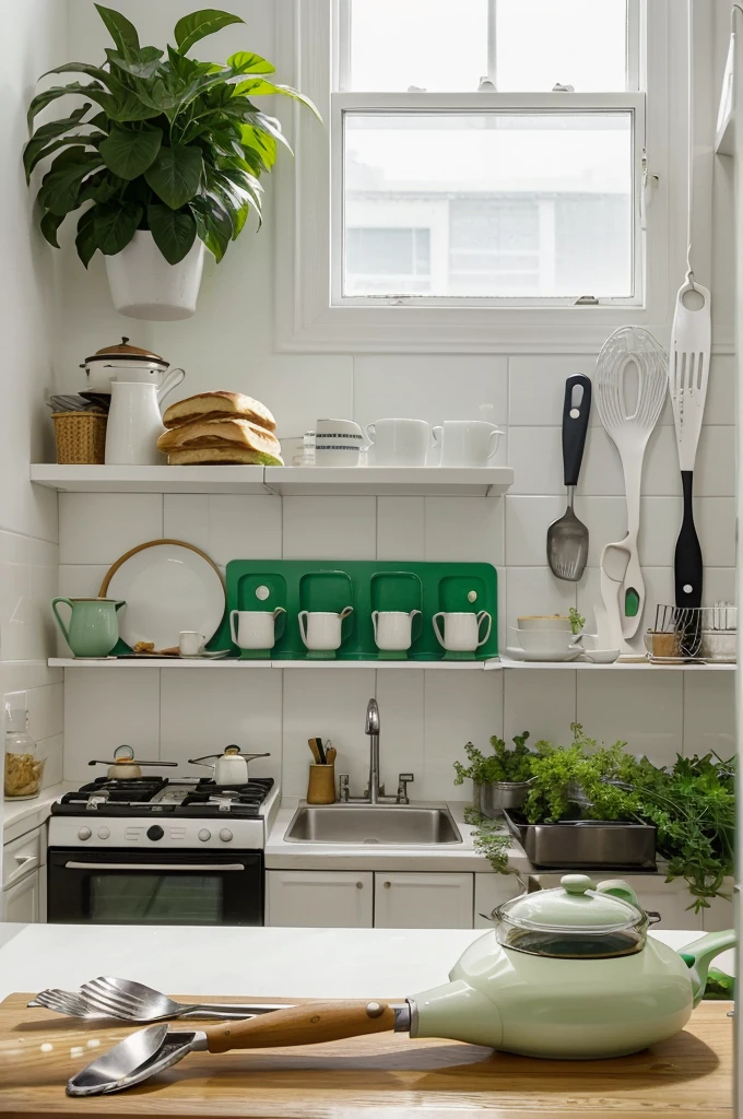 Generate an image, using the hint: create an advertising image, for sale on the marketplace, 10 cooking items, frying spatula, Spatula, Corolla, Forceps, flat baking spoon, spatula with holes for draining oil, spaghetti spoon and slotted spoon, lying on the store window, white background with shades of green