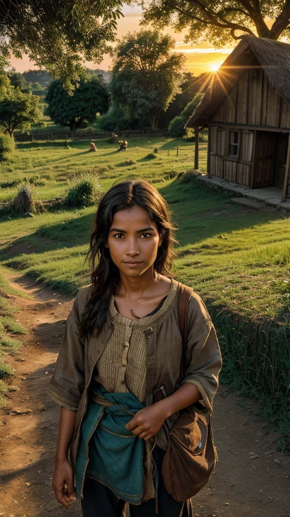 Description: A traveler, Elias, with weathered clothes and a tired yet kind expression, standing at the edge of a village clearing. In the background, simple cottages with thatched roofs and neatly tended gardens peek through the trees. Villagers approach Elias with offerings of food and hospitality, their faces reflecting curiosity and warmth. The setting sun bathes the scene in a golden glow, symbolizing hope and the promise of new friendships.