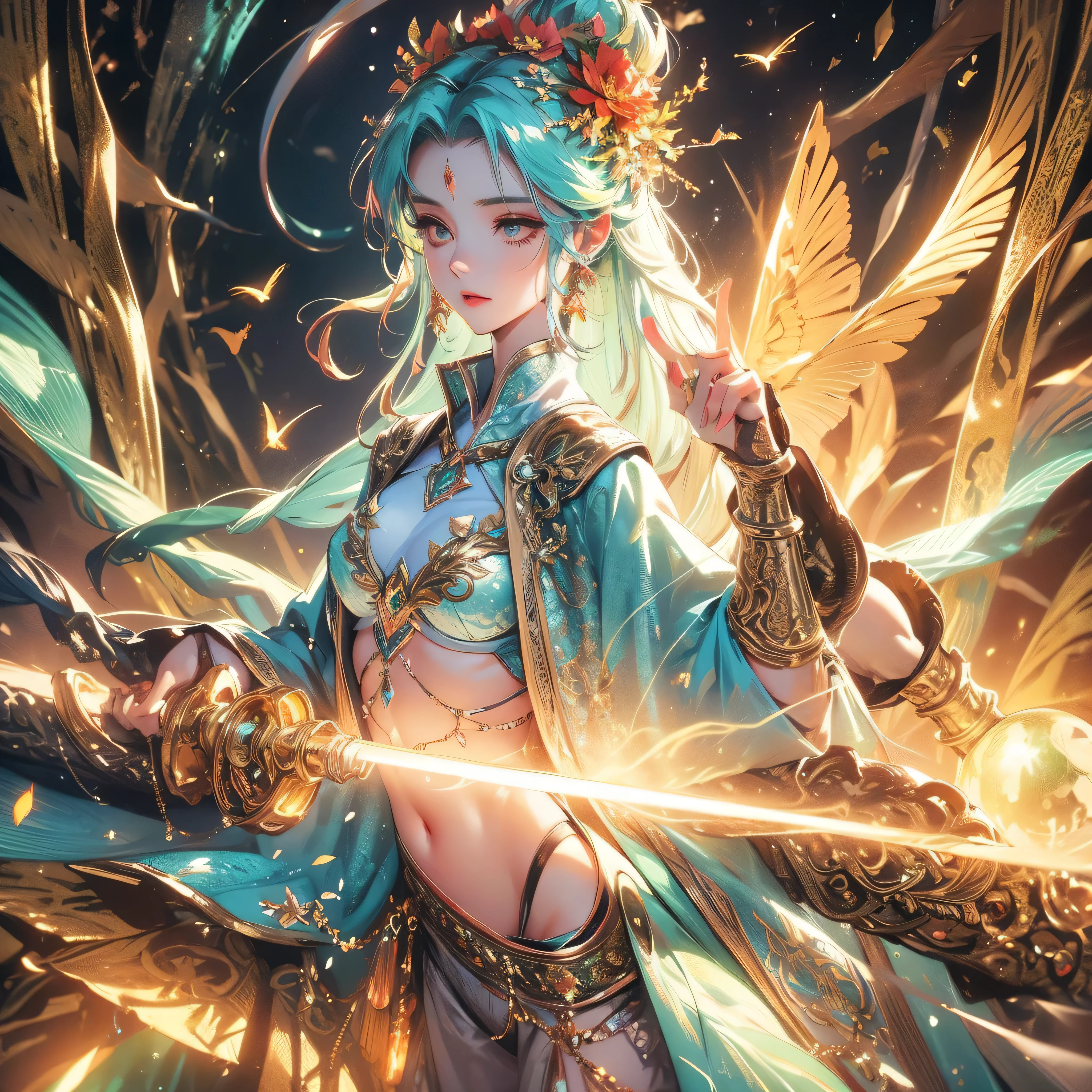 Beautiful tree goddess, body made from tree and flower, metallic dust flew in space, 8k, hd, unreal engine, magic glitter, glowing background, close shot, extra details,, dreamy,