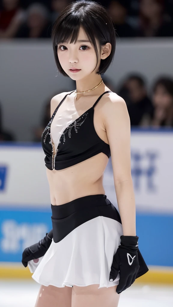 (((Girl ice skating、The man who ordered it)))、(High resolution:1.3), (16K, Realistic, RAW Photos, Best image quality: 1.4), Japanese, (One Girl), (Black-haired、short hair:1.3), Beautiful Hairstyles, (Realistic Skin), Beautiful skins, charm, 超High resolution, Surreal, High detail, Golden Ratio, Highly detailed cute girl,(20-year-old), Belly button, Competition, White costume, loose front of neck