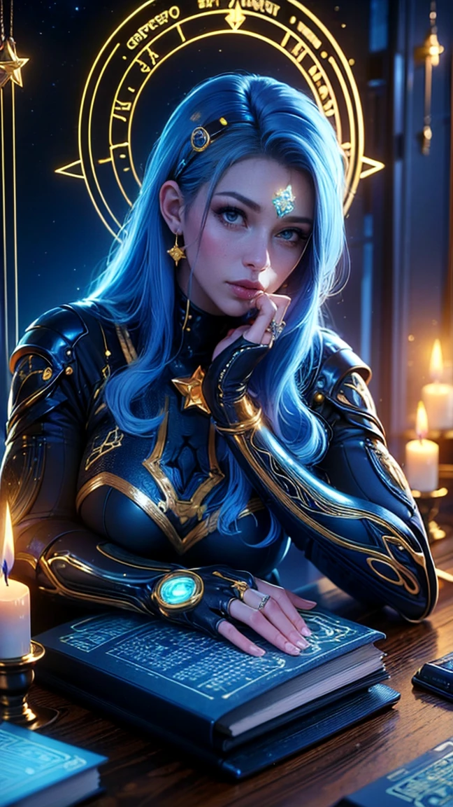 top quality, future world, State-of-the-art robot, Beautiful Woman, flying hair, Transformed into a cyborg except for the face, sexy images, whole body photo, ((Astrologer, star signs ring on table, Horoscope,candles, star signs book, star headring ))