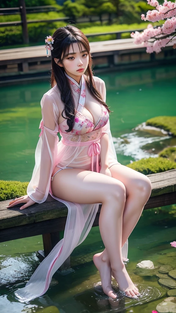 hanfu, 1girl, big breasts, cleavage, mountain, soaking feet, sitting, Chinese park background, black thighhighs,Clear water,(feet:1.3), too many flowers, sexy T-front thongs light pink bodysuit lingerie, Japanese Lady, Japanese makeup