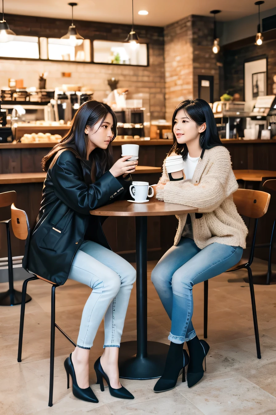 high quality,16K:1.1),(, Two women sitting on chairs in a coffee shop）sit facing each other across a desk、We are chatting、（Full Body Shot:1.2),Black Hair、Short Haircut、ear piercing、smile、Beautiful teeth alignment、((coat、sweater、Skinny jeans、、pumps)), ,(View your audience:1.3),Coffee shop in the background
