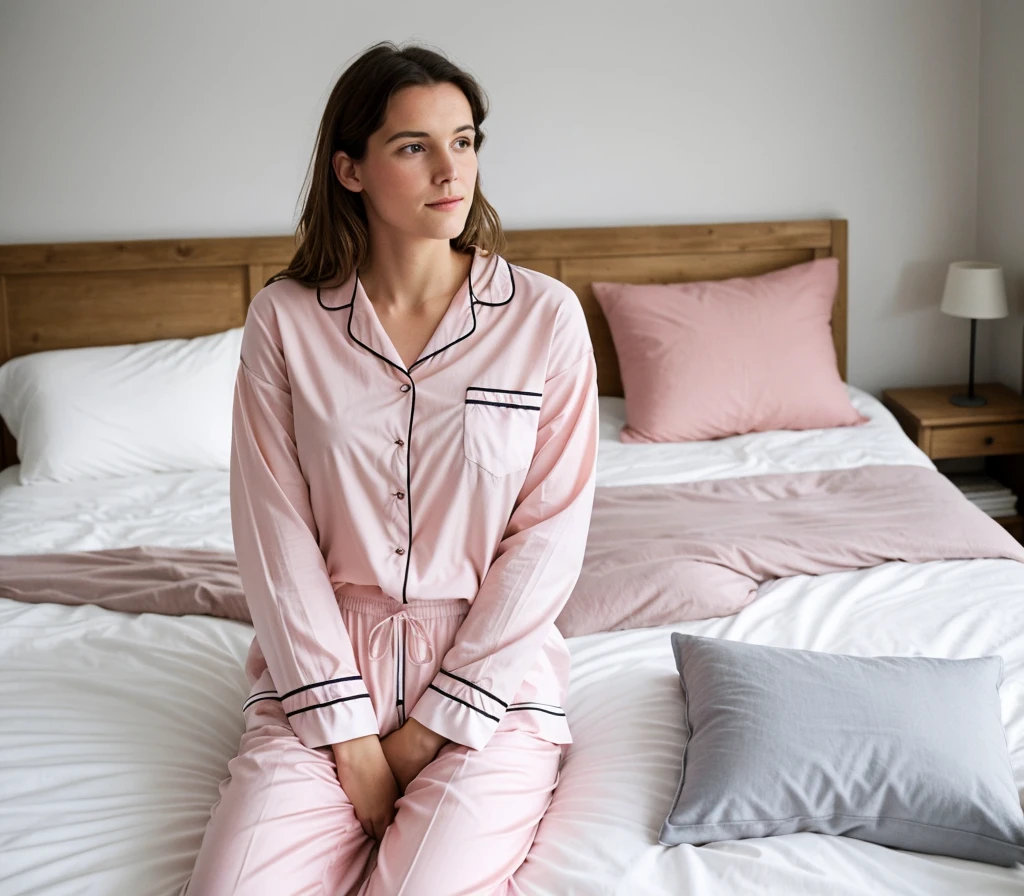 Je souhaite que tu me crées une photo 1900 de largeur et 600 de longueur pour l'arrière-plan de mon site web de pyjamas. Je voudrais une belle femme portant un pyjama d'été avec un arrière-plan simple ou un arrière-plan qui évoque l'été. ( les couleurs sont Rose clair, Blanc cassé , Gris clair , Bleu ciel pâle)