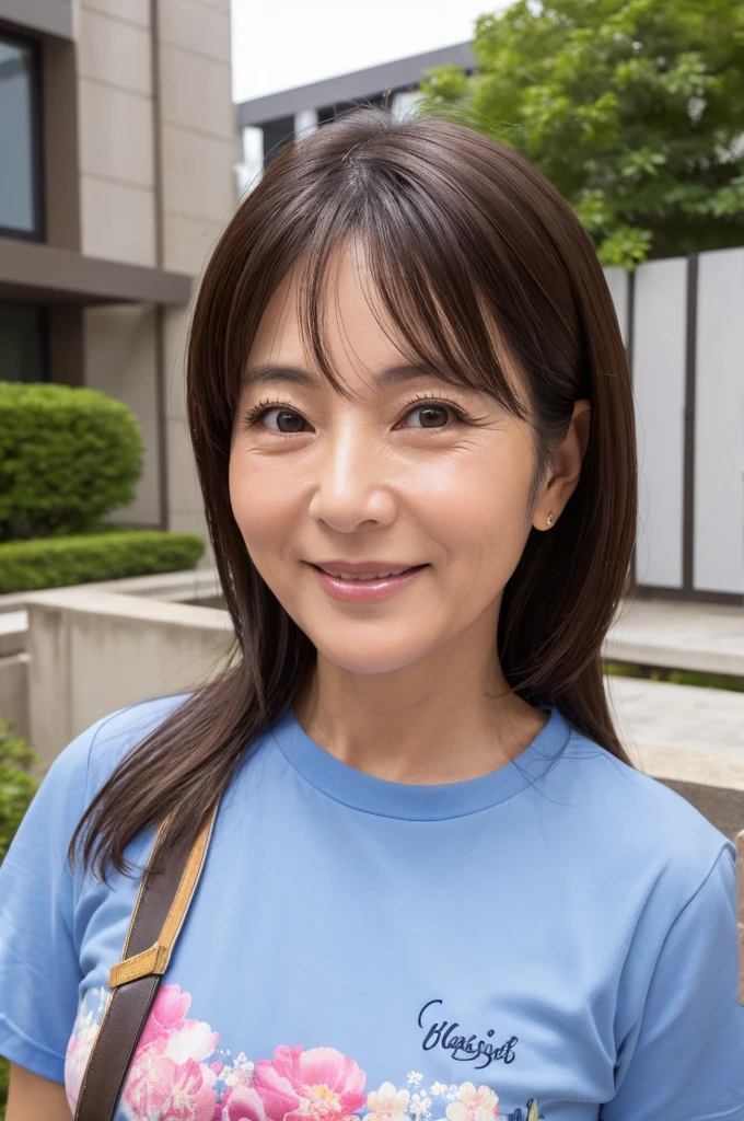 ((Highest quality)), ((masterpiece)), (detailed), Japanese, 50 years old, Beauty, Front face,whole body,smile, Nagoya,Facial wrinkles, T-Shirts,sexy,Selfie,