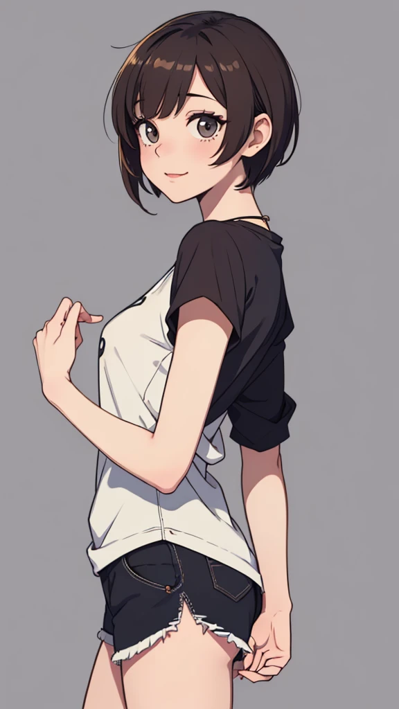 (((masterpiece, best quality, ultra highres, 1 girl, solo, no background))), super detailed skin and face and eyes and finger, beautiful japanese woman, small breasts:1.5, skinny, light brown hair, white background, very short pixie hair, Knee shot, Generate with illustrations, Various expressions, Various poses, Please draw the entire character within the frame, ensuring that the head, arms, and legs are not cut off. The background should be simple, with the character positioned centrally, outline, anime, 2d, laugh, boyish, camisole, dolphin shorts,