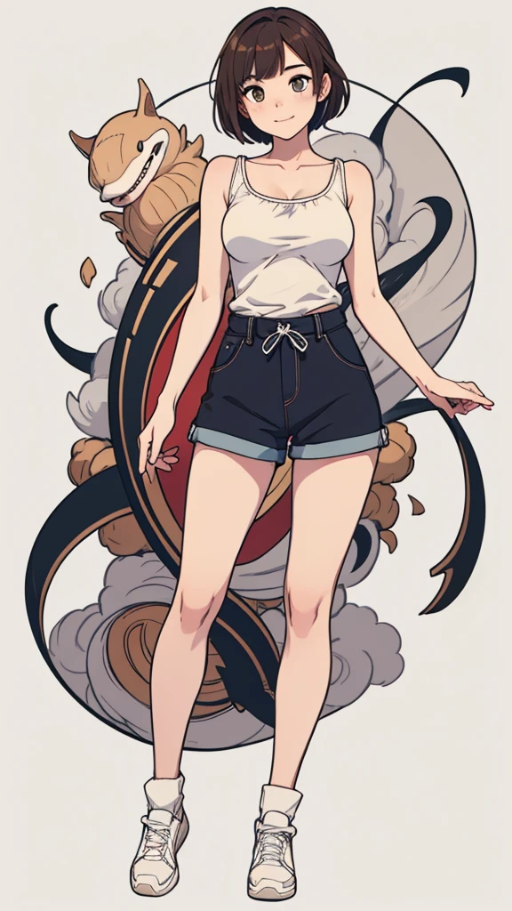 (((masterpiece, best quality, ultra highres, 1 girl, solo, no background))), super detailed skin and face and eyes and finger, beautiful japanese woman, small breasts:1.5, skinny, light brown hair, white background, very short pixie hair, Knee shot, Generate with illustrations, Various expressions, Various poses, Please draw the entire character within the frame, ensuring that the head, arms, and legs are not cut off. The background should be simple, with the character positioned centrally, outline, anime, 2d, laugh, boyish, camisole, dolphin shorts,