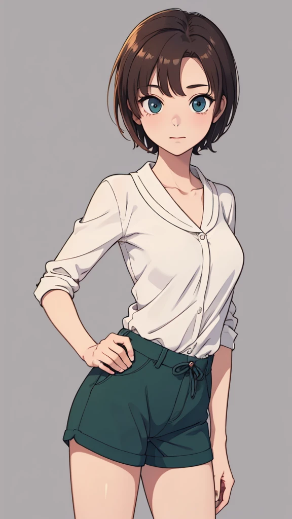(((masterpiece, best quality, ultra highres, 1 girl, solo, no background))), super detailed skin and face and eyes and finger, beautiful japanese woman, small breasts:1.5, skinny, light brown hair, white background, very short pixie hair, Knee shot, Generate with illustrations, Various expressions, Various poses, Please draw the entire character within the frame, ensuring that the head, arms, and legs are not cut off. The background should be simple, with the character positioned centrally, outline, anime, 2d, laugh, boyish, camisole, dolphin shorts,